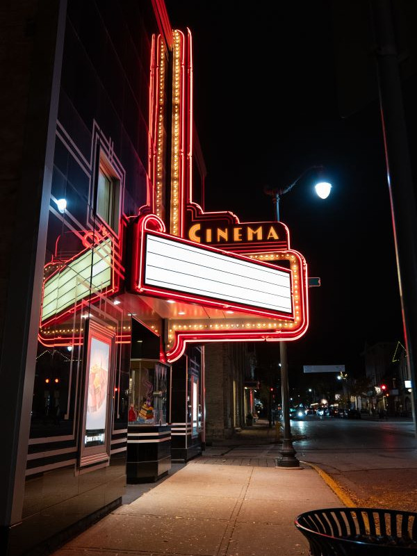 theater signs in Chicago, Illinois; bright LED cinema sign with message board; theatre signs; marquees